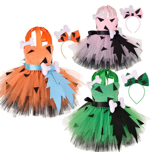 Kids Girls Caveman Costume Cavegirl Tulle Dresswith Headpiece Stone Age Outfit HalloweenCosplay Dress Up Photo Shoot