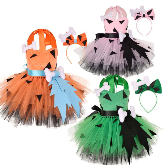 Kids Girls Caveman Costume Cavegirl Tulle Dresswith Headpiece Stone Age Outfit HalloweenCosplay Dress Up Photo Shoot